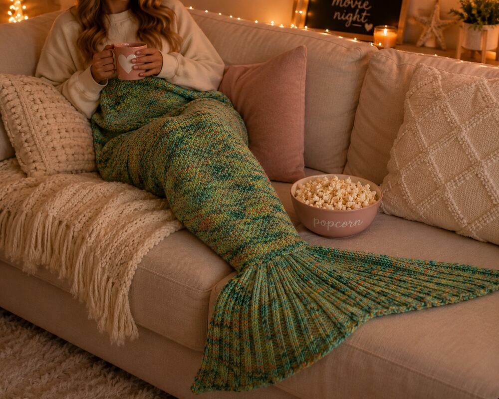 Hand Knit Mermaid Tail Blanket Aqua Coral Speckled 62" Cozy Throw